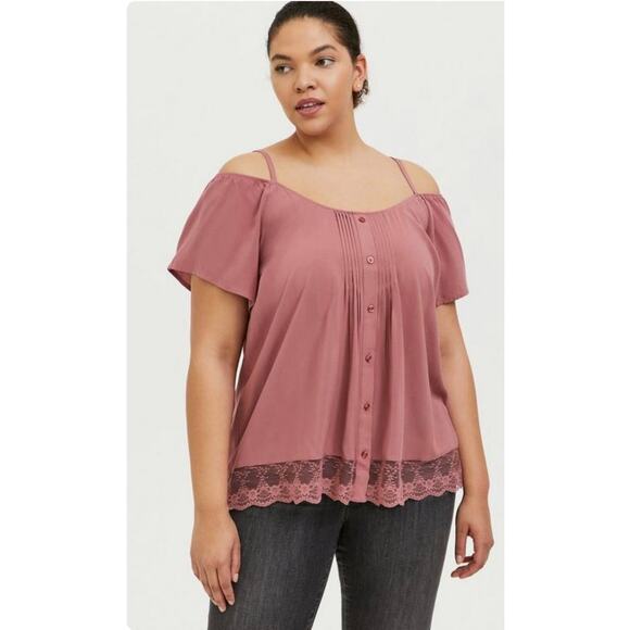 Torrid Dusty Rose Challice Cold Shoulder Button Blouse Plus Size 3X 22/24 - Picture 2 of 11